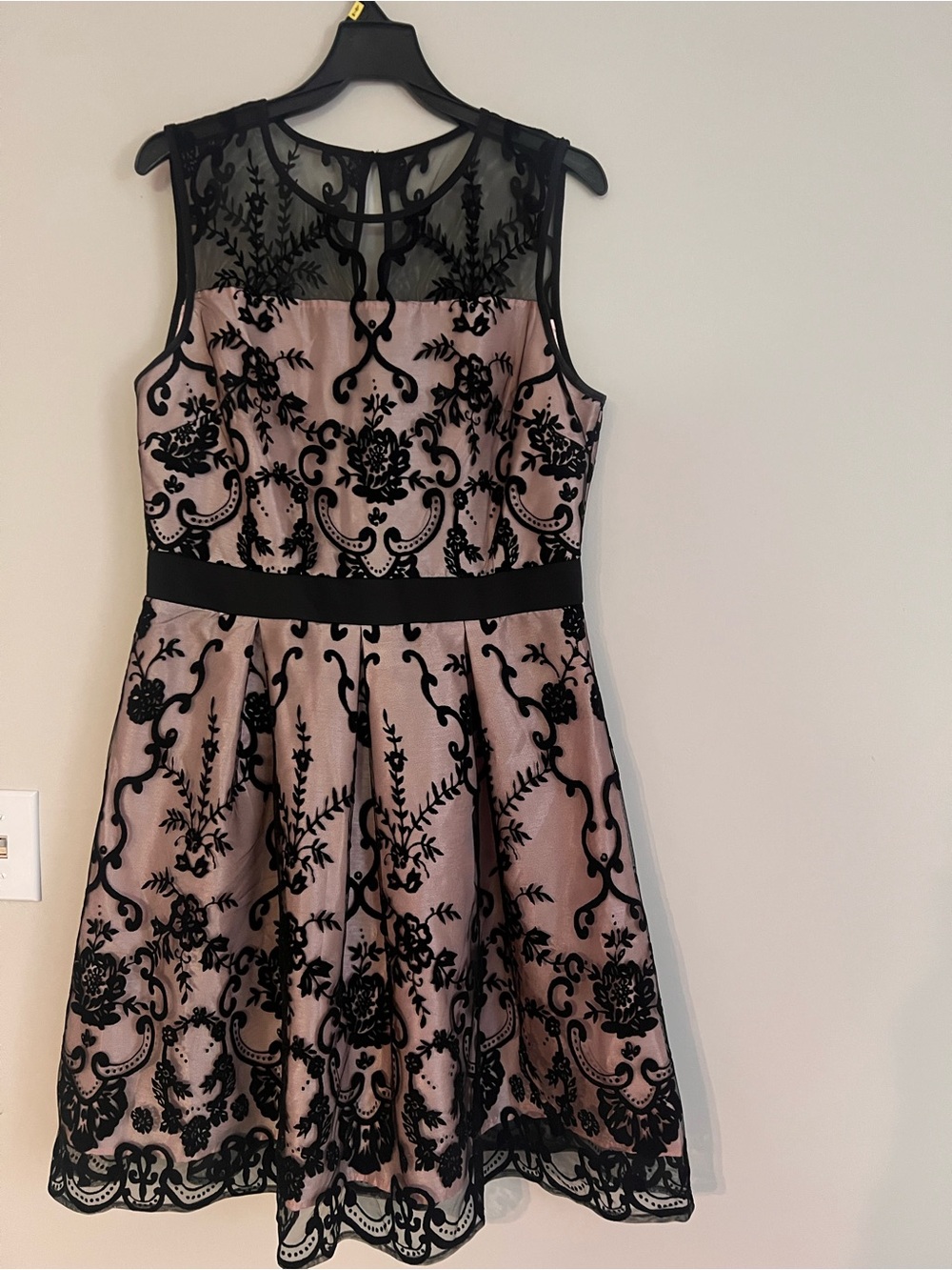 Woman’s Pink Lace Overlay Dress with Black Embroidery